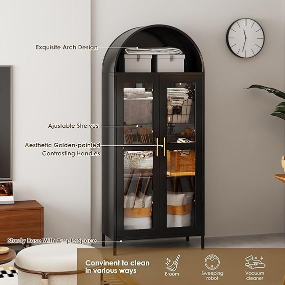 Tall White Arched Pantry Cabinet – 4-Door Glass & Metal Storage Unit 185cm
