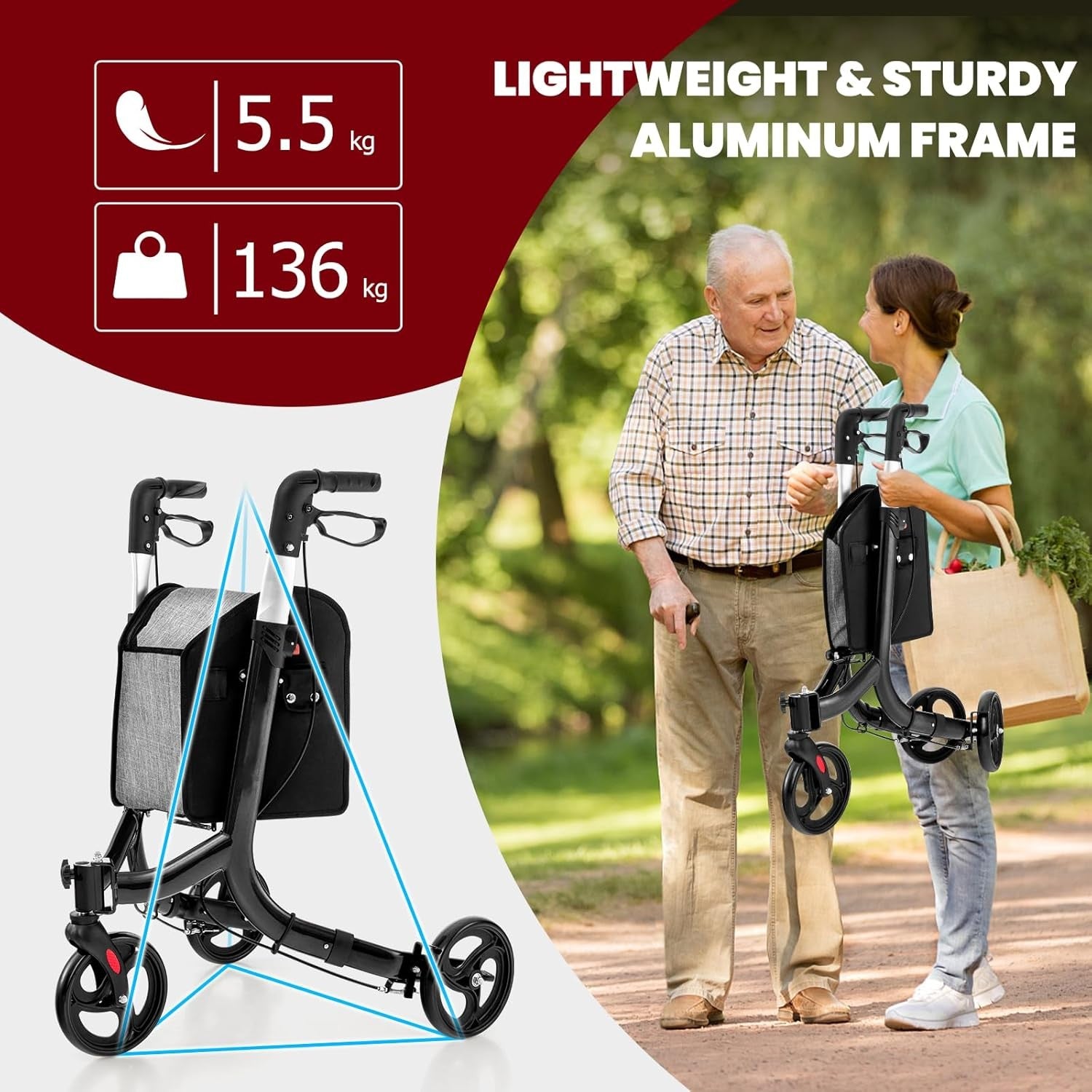 3 Wheel Folding Rollator Walker Lightweight Adjustable Mobility with Brakes