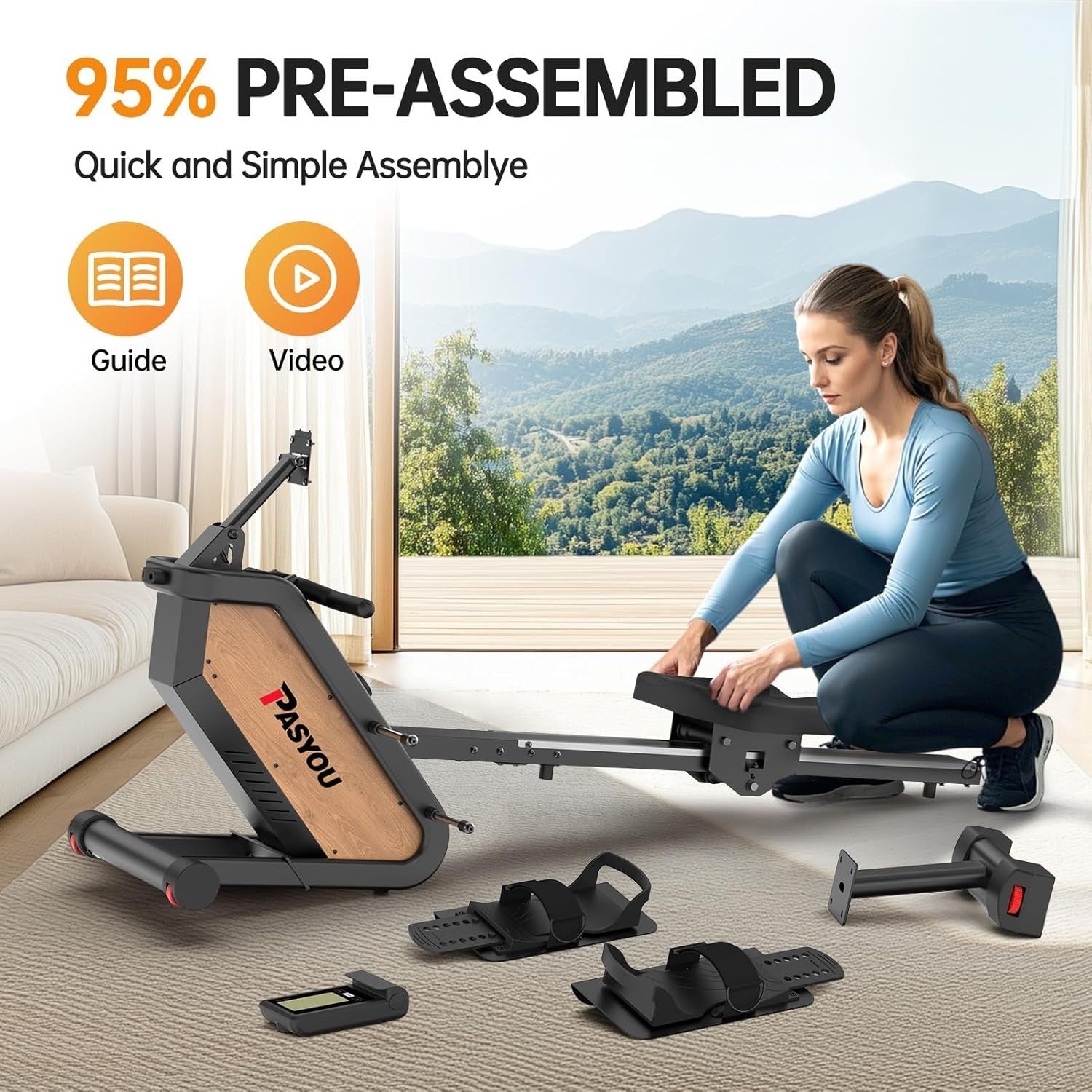 Magnetic Rowing Machine Quiet Resistance LCD App Home Rower 158KG Capacity