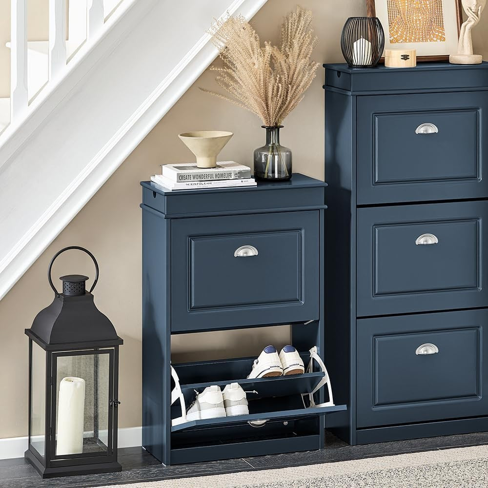 Slim 2-Drawer Shoe Cabinet with Adjustable Shelves, 54x24x83 cm Navy