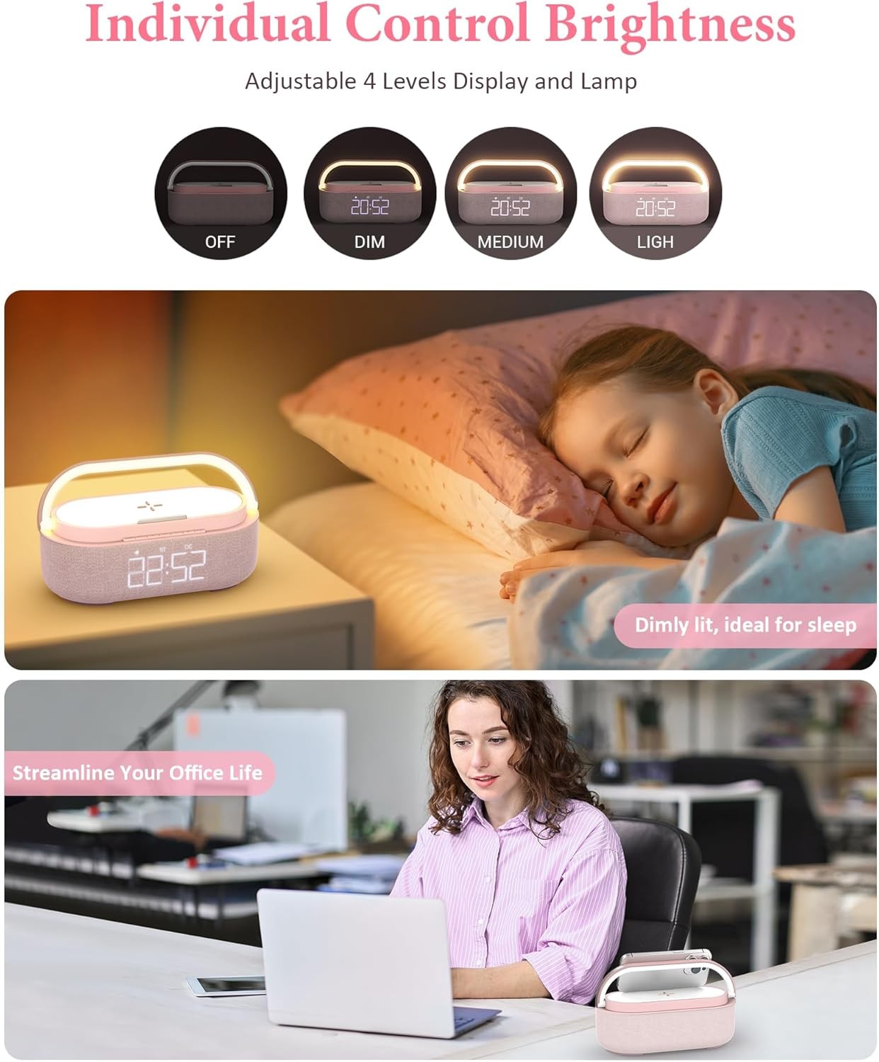 Bluetooth Alarm Clock Wireless Charger Speaker FM Radio Loud Snooze