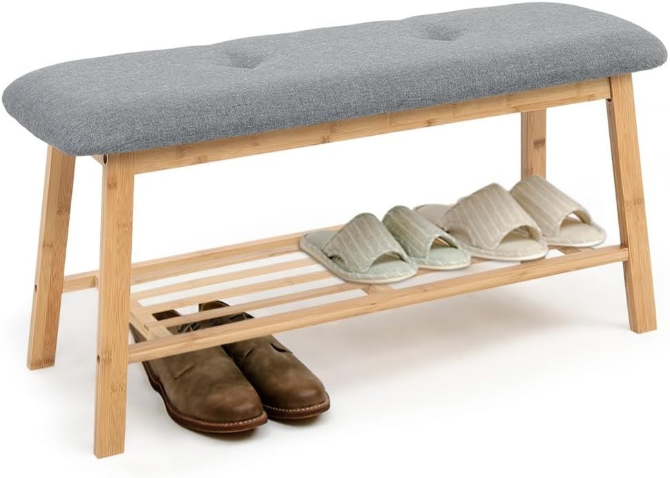 Bamboo Shoe Rack Bench with Padded Linen Seat Grey – Entryway Storage