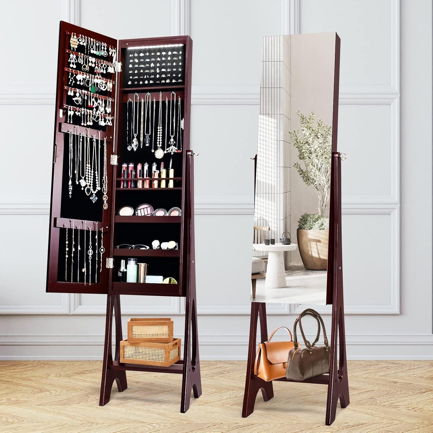 Standing Jewelry Armoire Lockable Full Length Mirror Adjustable Storage Brown