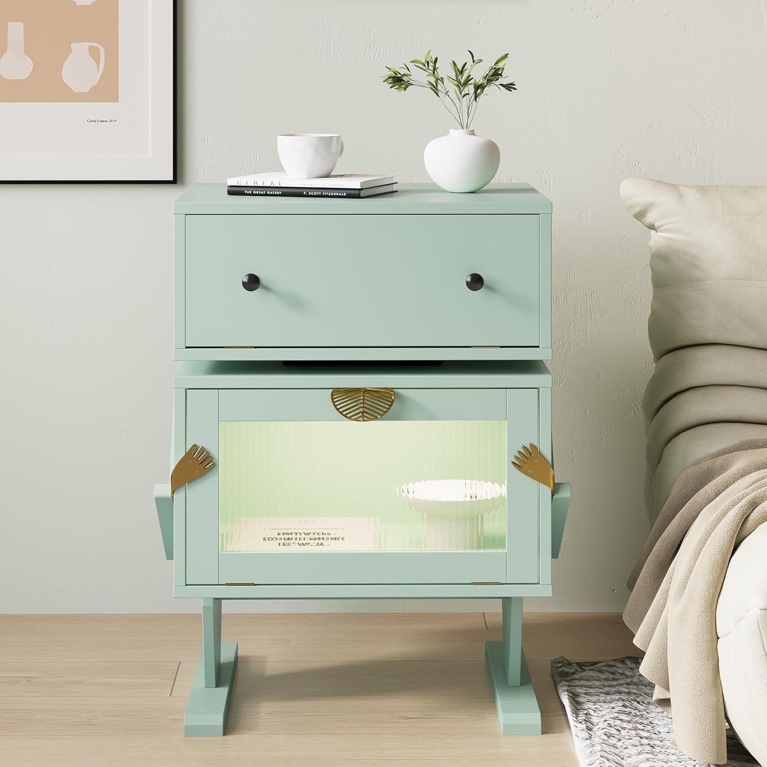 Modern LED Nightstand with Storage, Rotating Drawer & Glass Door, Green