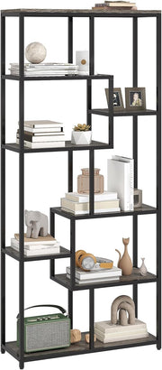 7-Tier Industrial Bookcase | Grey & Black Geometric Shelf Unit for Home & Office