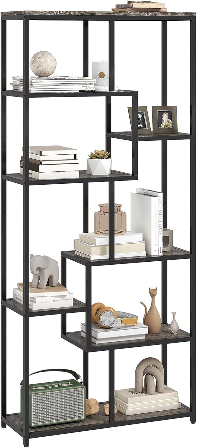 7-Tier Industrial Bookcase | Grey & Black Geometric Shelf Unit for Home & Office