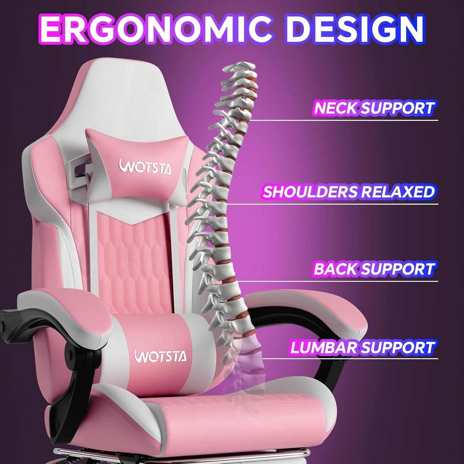 Gaming Chair with Footrest Ergonomic Reclining Pink White Seat