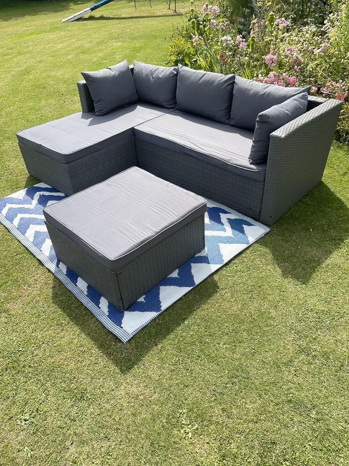L-Shaped Rattan Garden Sofa Set with Cushions Weatherproof Outdoor Patio