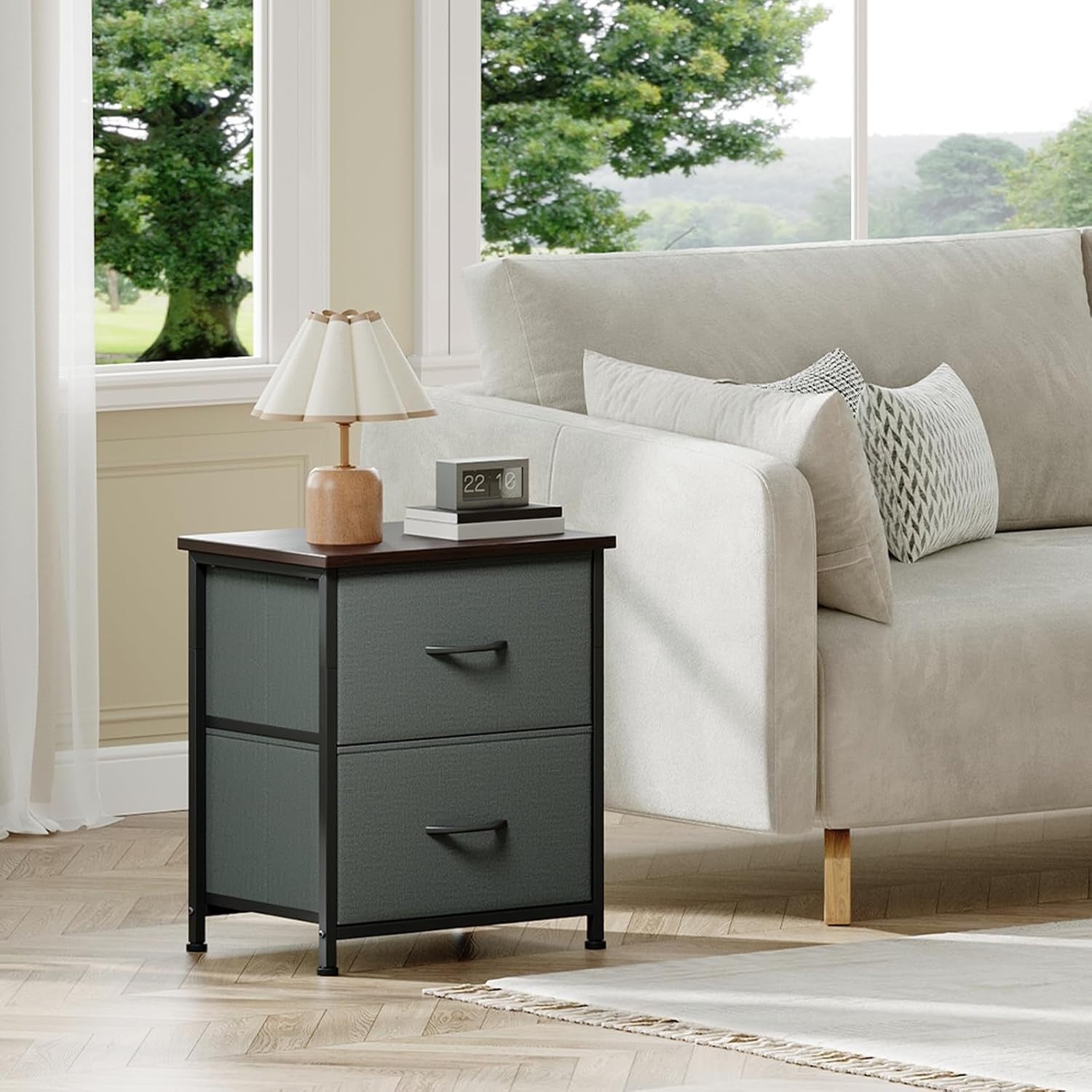 Charcoal Grey Bedside Tables Set of 2 with Fabric Drawers, Metal Frame