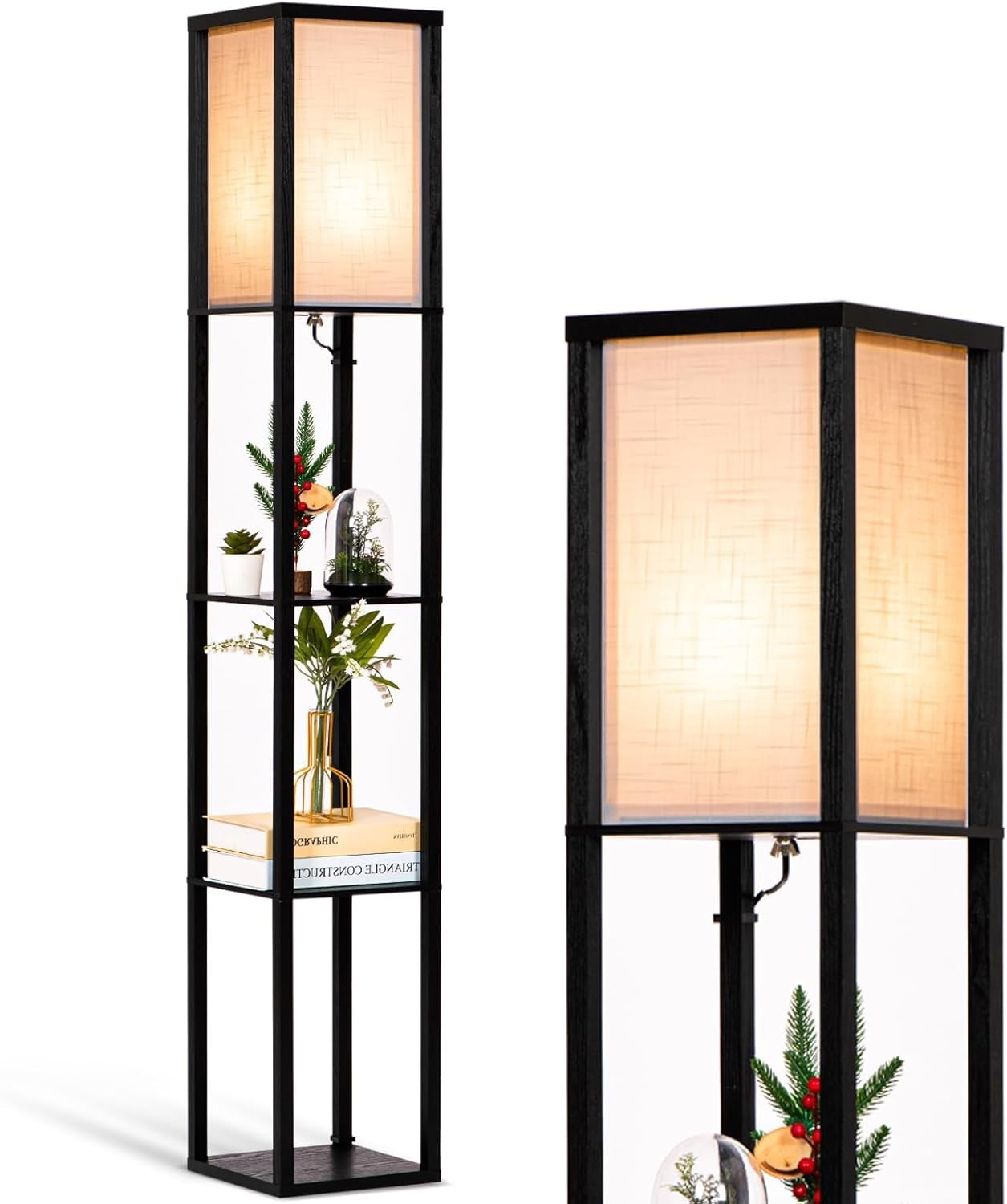 Floor Lamp with Shelves Wooden Standing LED Light Storage Display Black