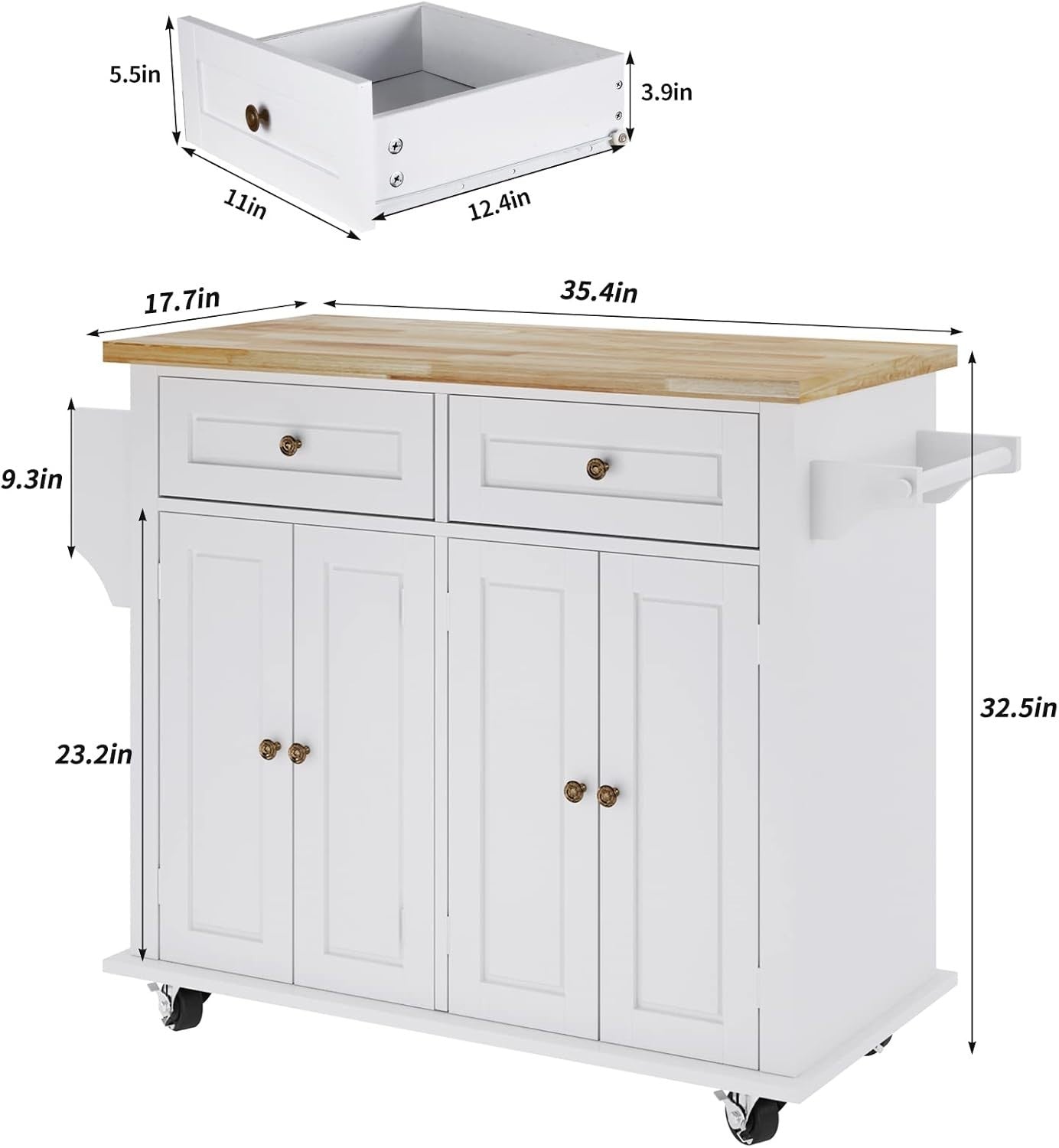 Rolling Kitchen Trolley Cart with Drawers, Cabinets & Lockable Wheels, Space-Sav