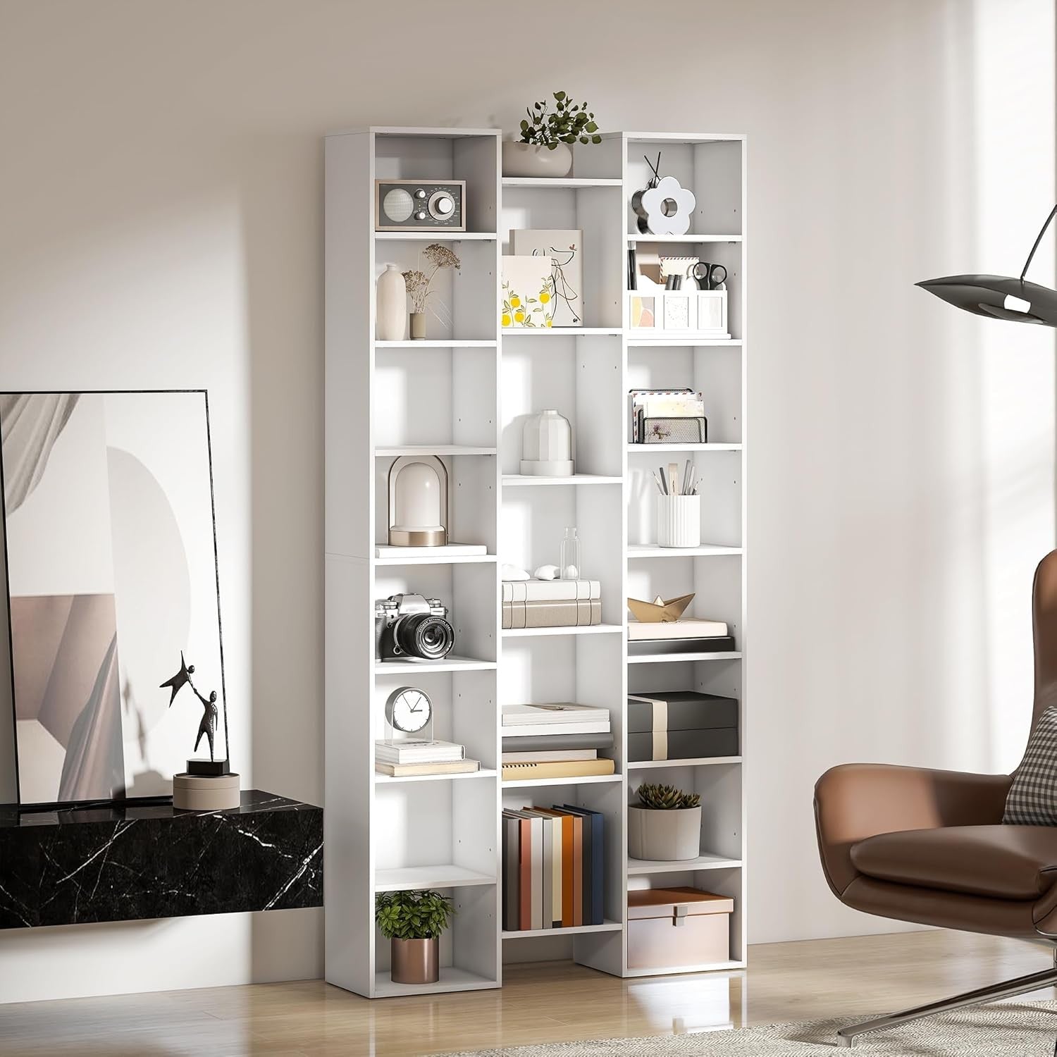 Tall 21-Cube White Bookcase Adjustable Shelves Modern Storage Unit for Home Offi