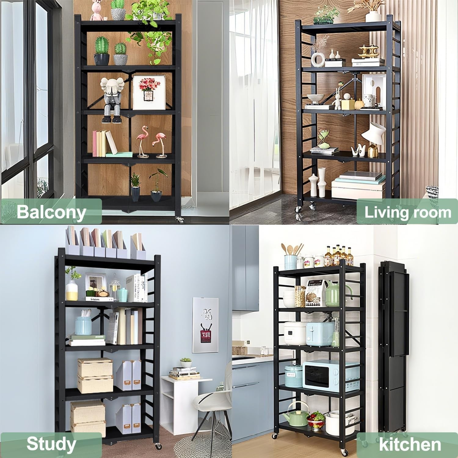 5 Tier Folding Kitchen Shelving Unit Metal Storage Rack on Wheels Heavy Duty