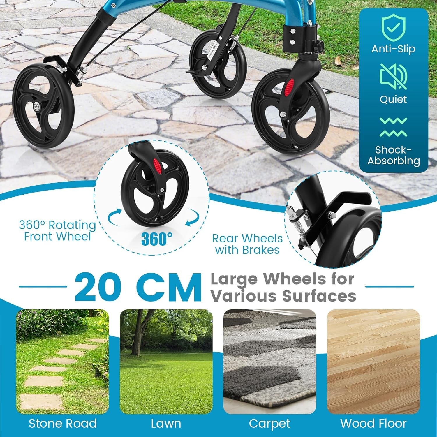 3 Wheel Folding Rollator Walker Lightweight Adjustable Mobility Aid with Brakes
