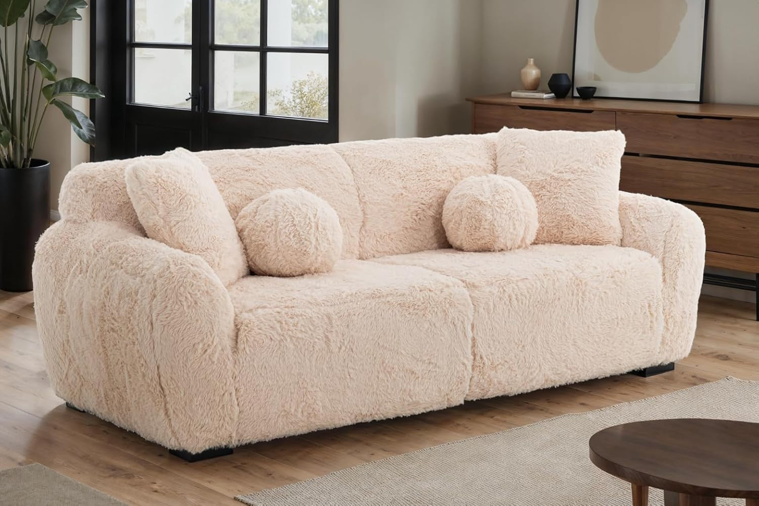 Teddy Sofa 3 Seater Cream Faux Fur, Deep Plush Seat, Fluffy Modern Couch