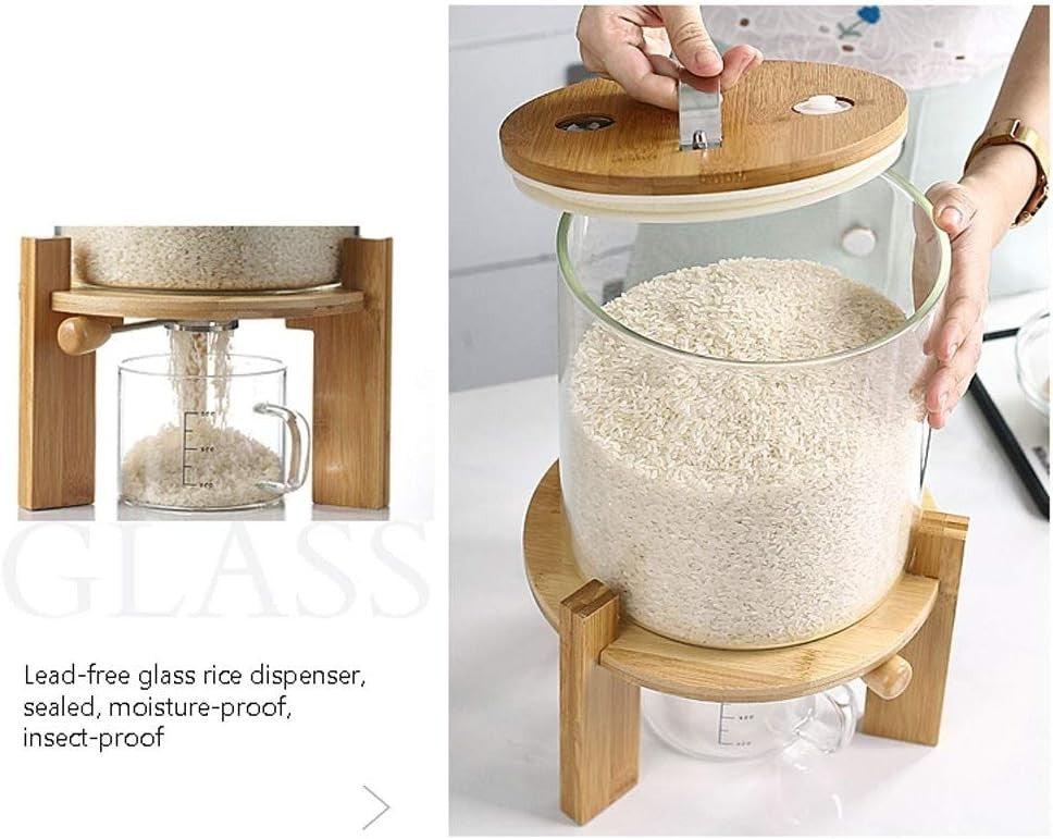 8L Glass Flour Cereal Container Airtight Rice Dispenser w Wooden Stand