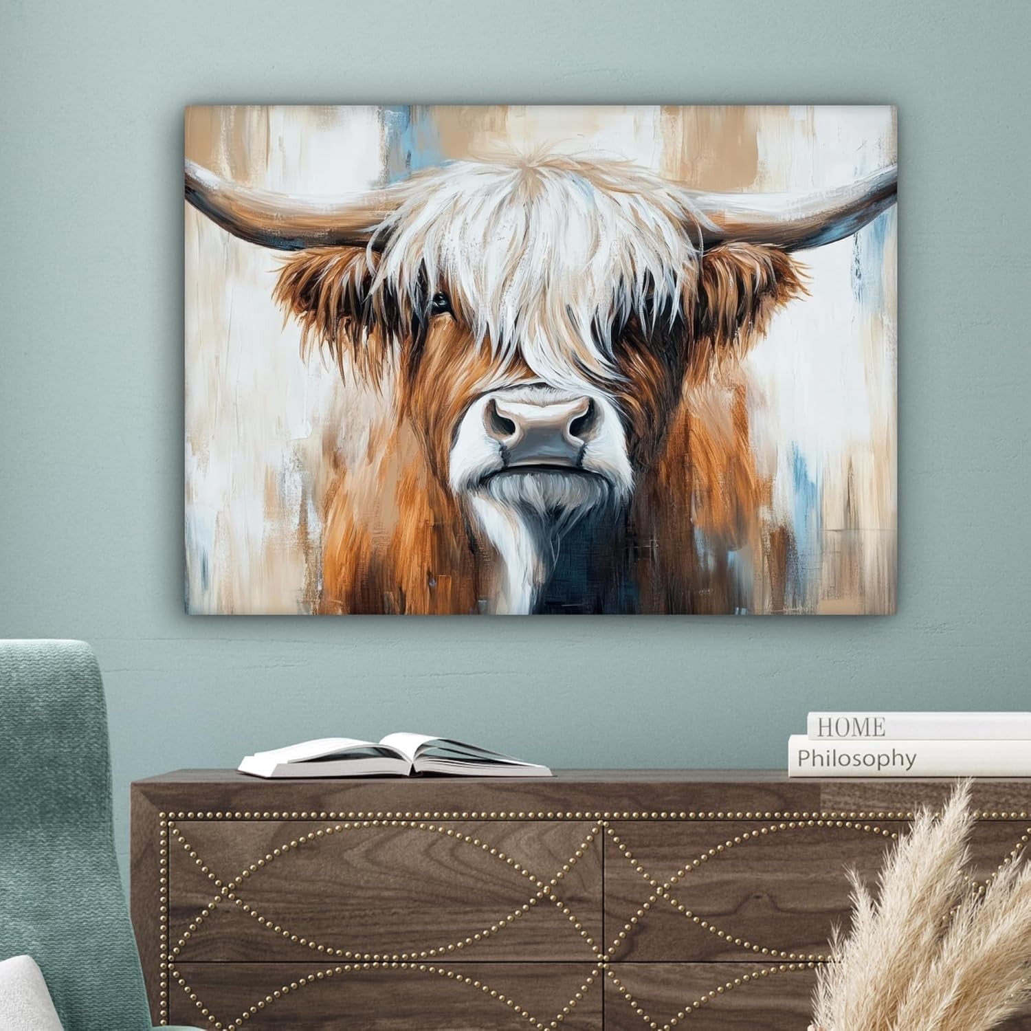 Highland Cow Canvas Wall Art 80x60cm Large Rustic Farm Decor