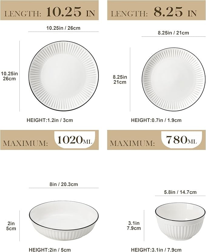 24 Piece White Dinner Set for 6 Embossed Porcelain Plates Bowls Black Rim