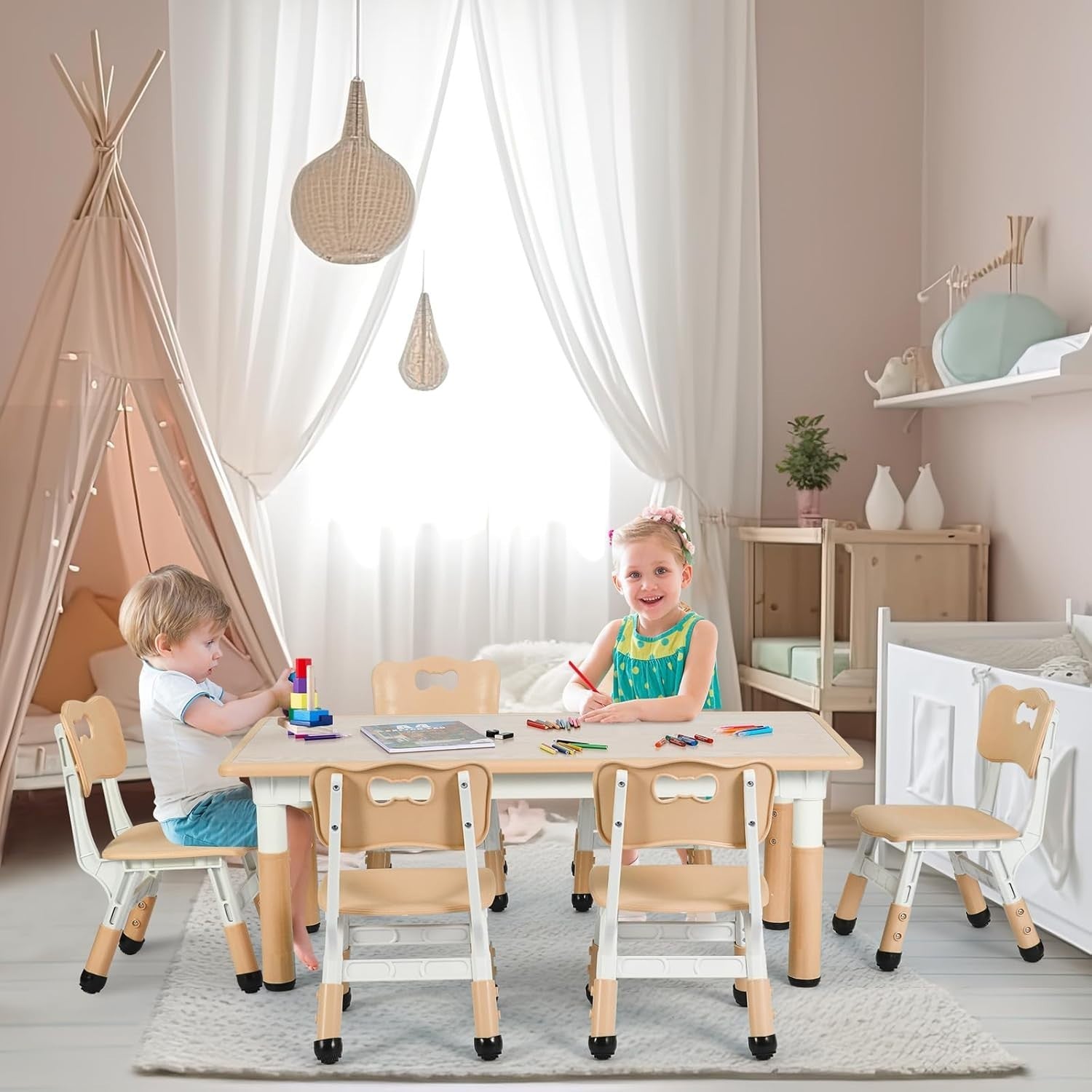 Kids Table and 6 Chair Set – Adjustable Height, Easy Clean, Ages 2–10