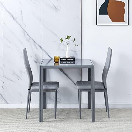Square Glass Dining Table Set 2 Chairs Modern Space Saving Grey Faux Leather