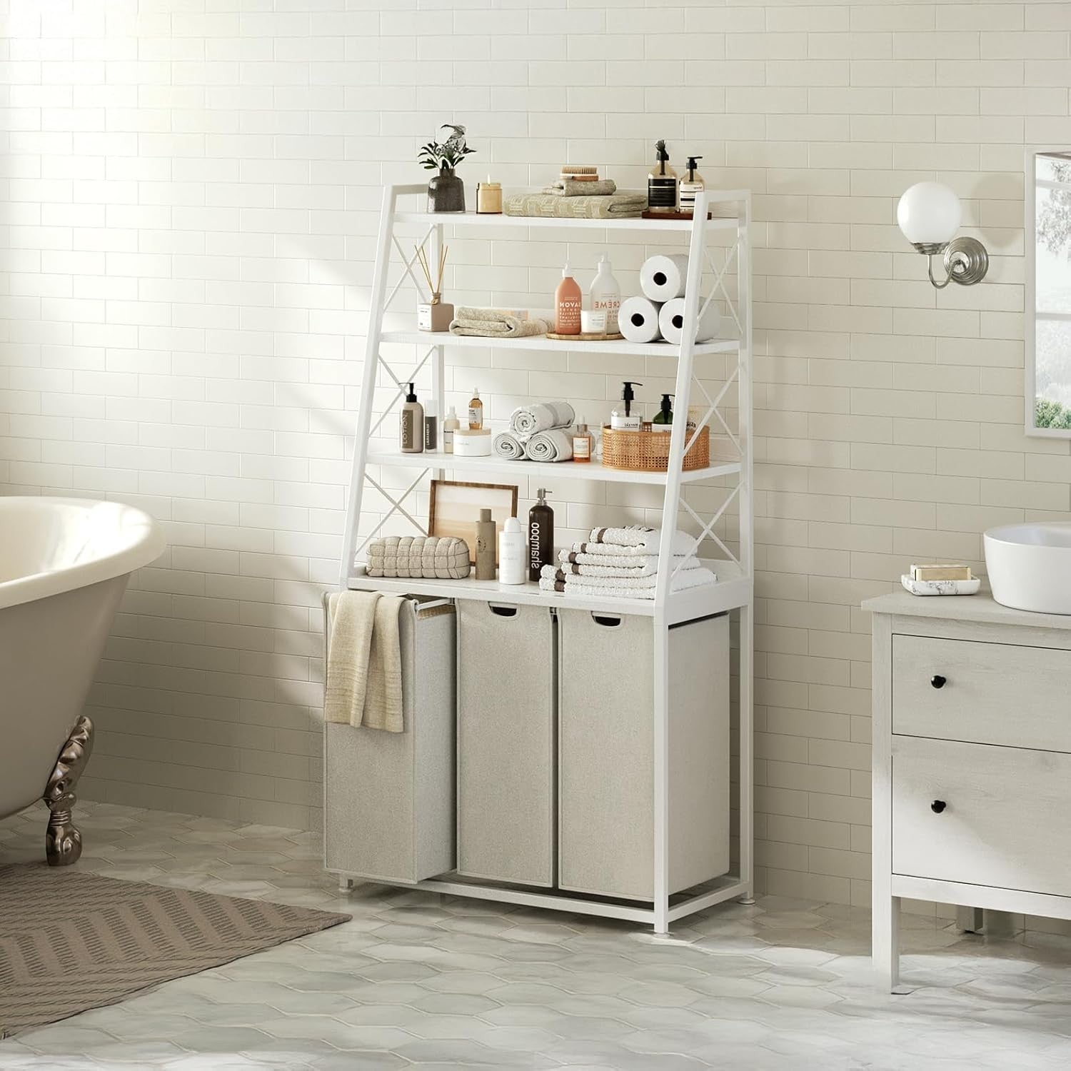 White 3 Section Laundry Hamper with 4 Tier Shelf Removable Bags & Wheels Unit