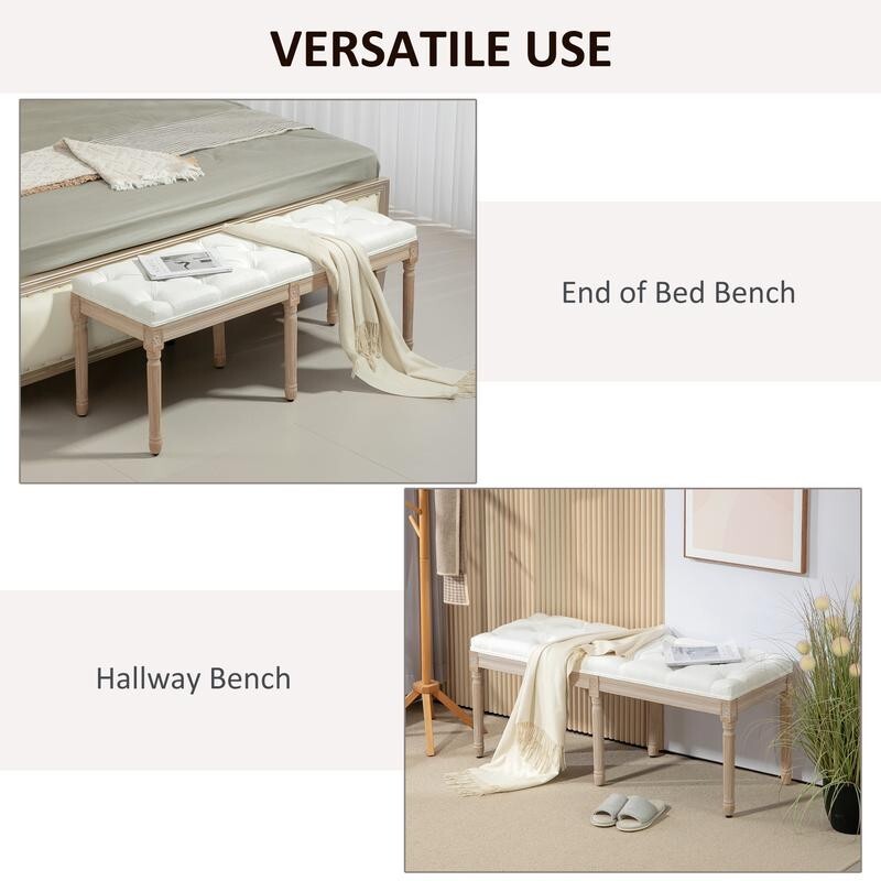 French Style End of Bed Bench Cream White Upholstered Tufted Seat 117cm