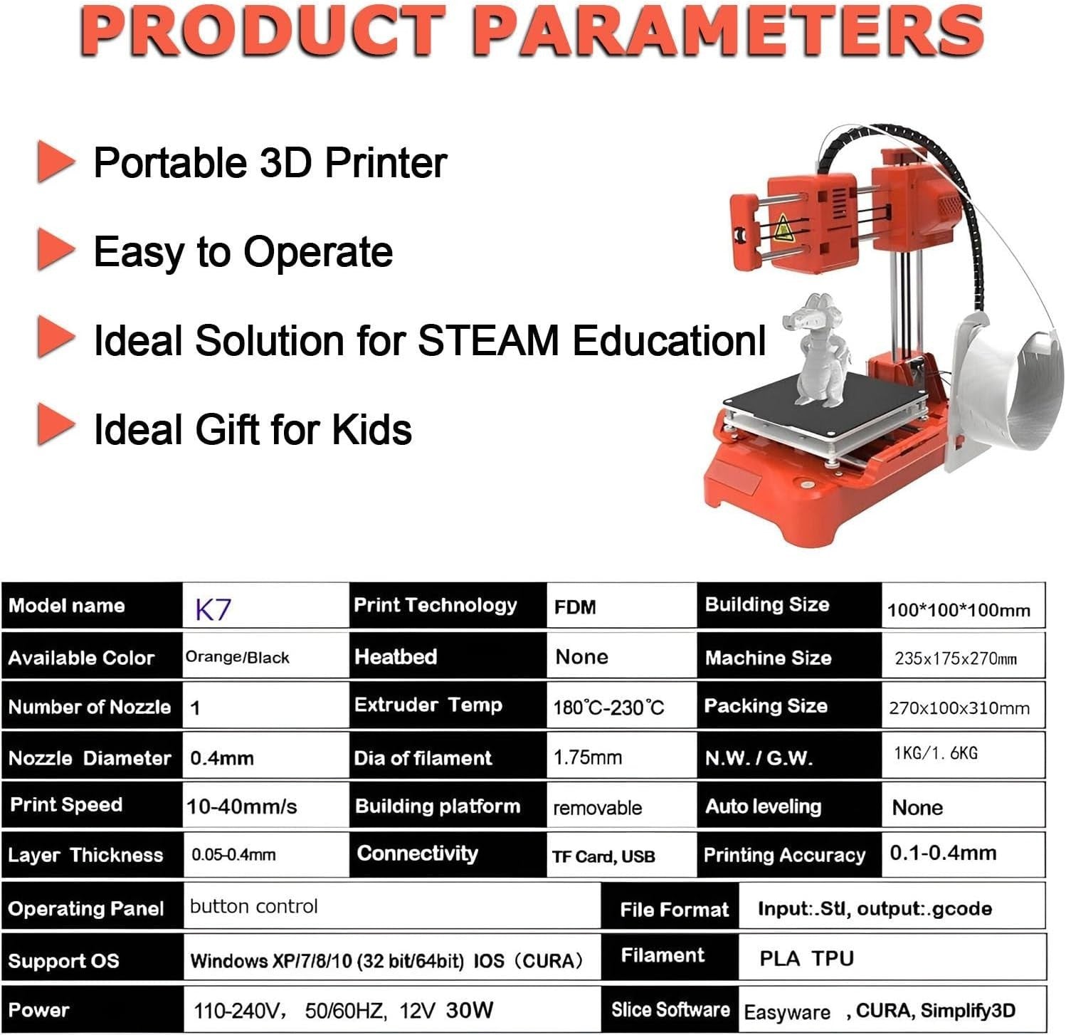 Mini 3D Printer for Kids Leveling Free Magnetic Bed PLA Education Starter