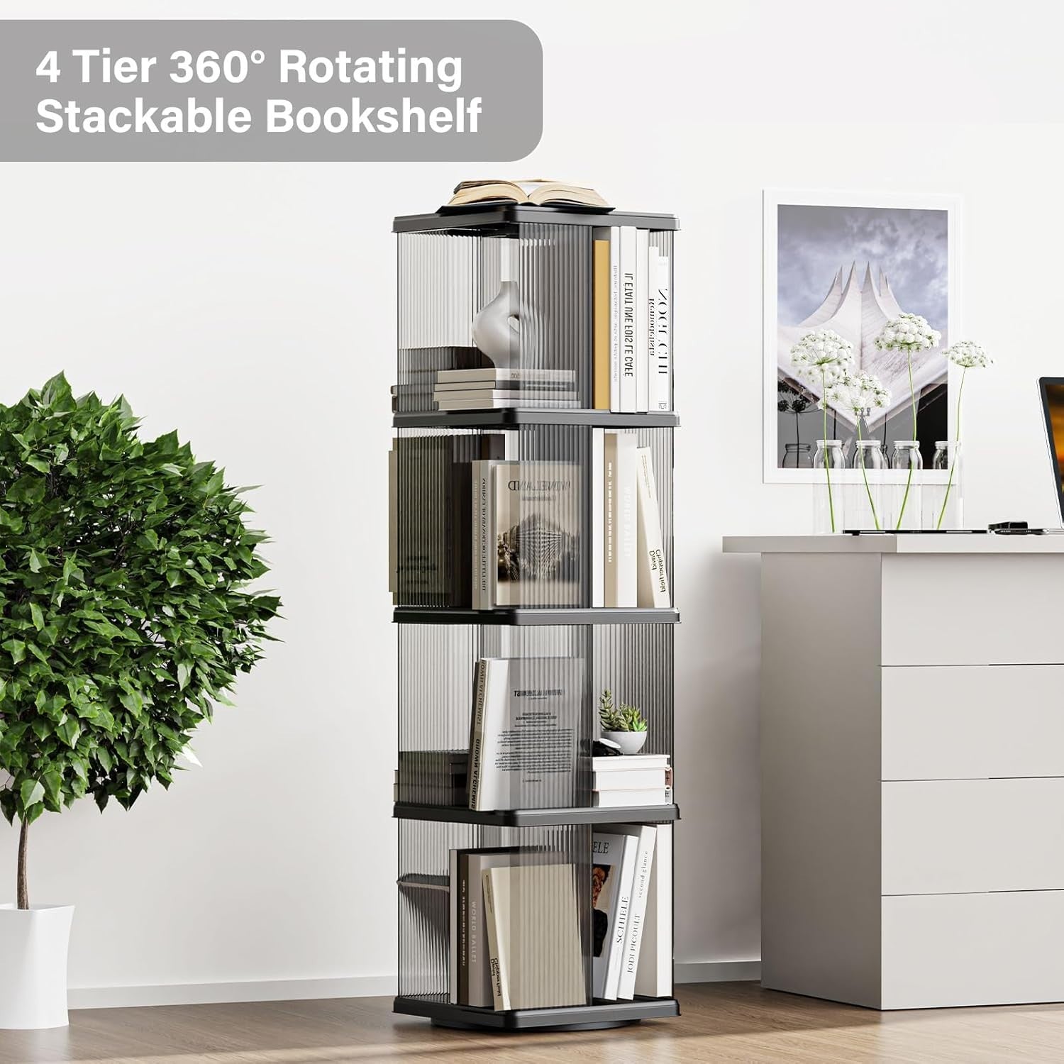 360° Rotating Plastic Bookshelf, 4-Tier Floor Standing Corner Bookcase