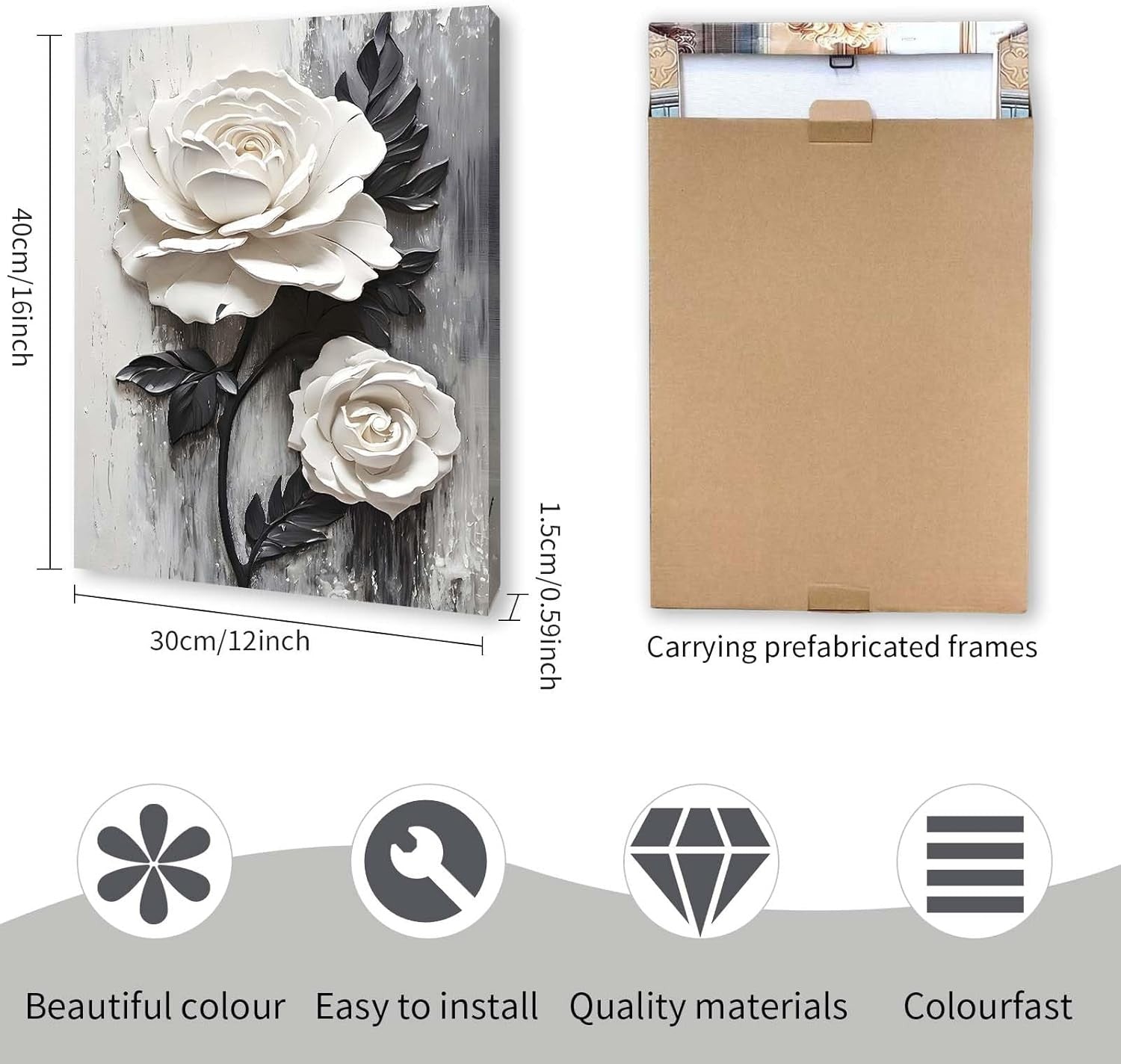 White Rose 3D Floral Canvas Wall Art 12x16 Framed Modern Bedroom Decor