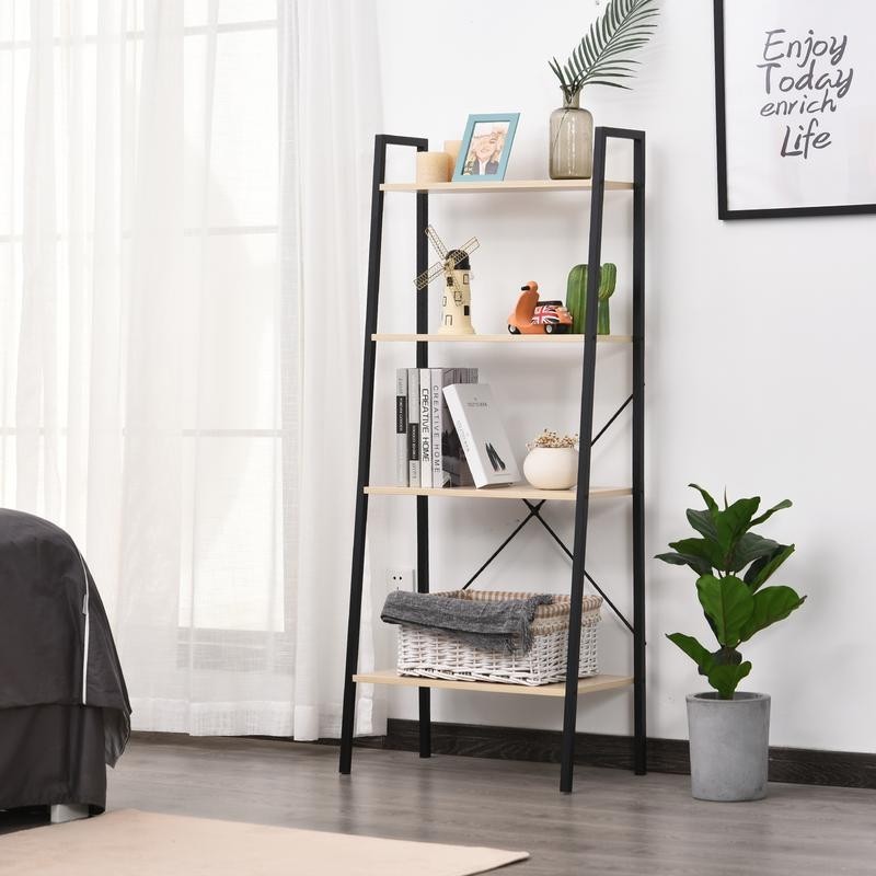 4-Tier Industrial Ladder Shelf – Natural Wood Display Bookcase Unit