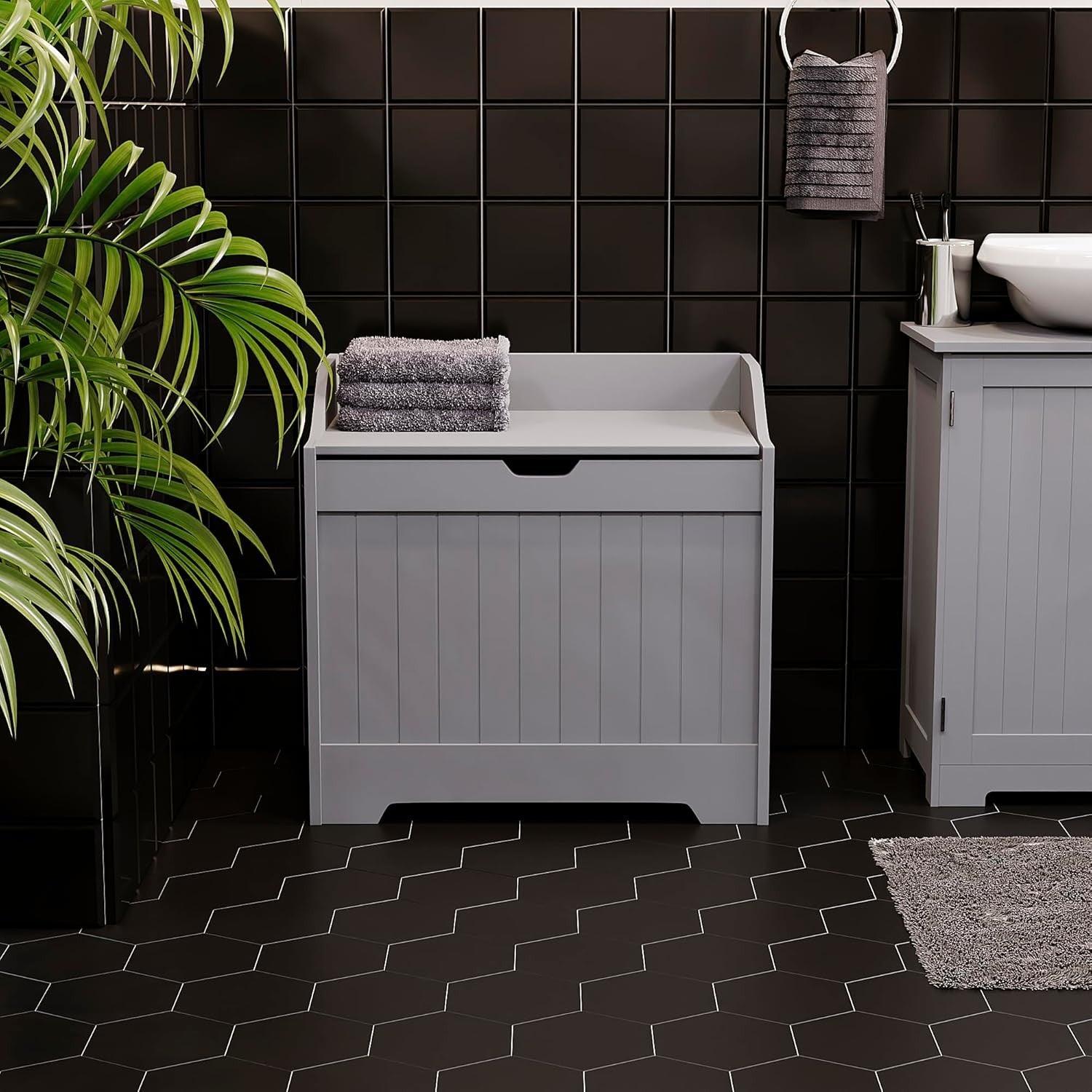 Bathroom Laundry Cabinet Storage Chest with Wooden Basket Grey MDF