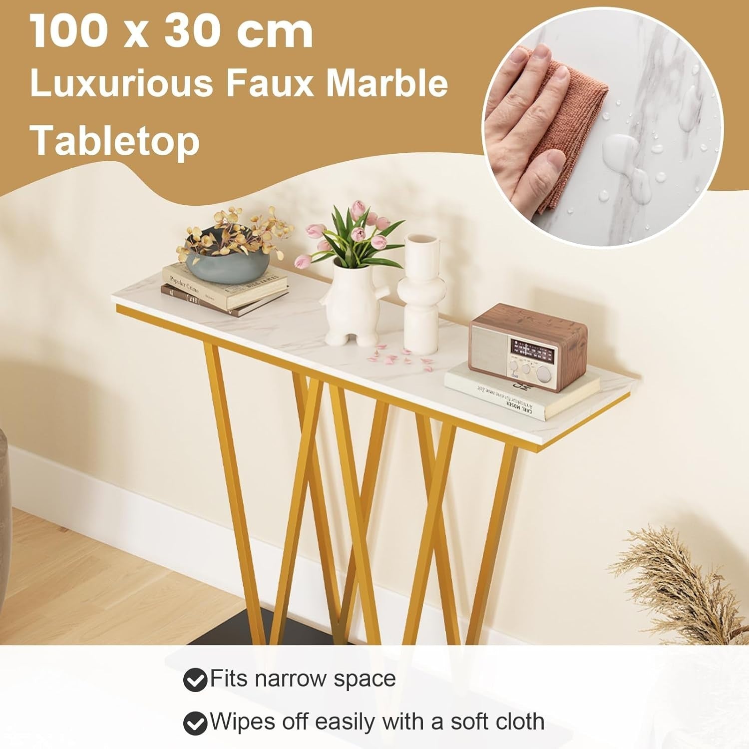 Faux Marble Console Table Slim Entryway Gold Metal Frame 100x30x79cm