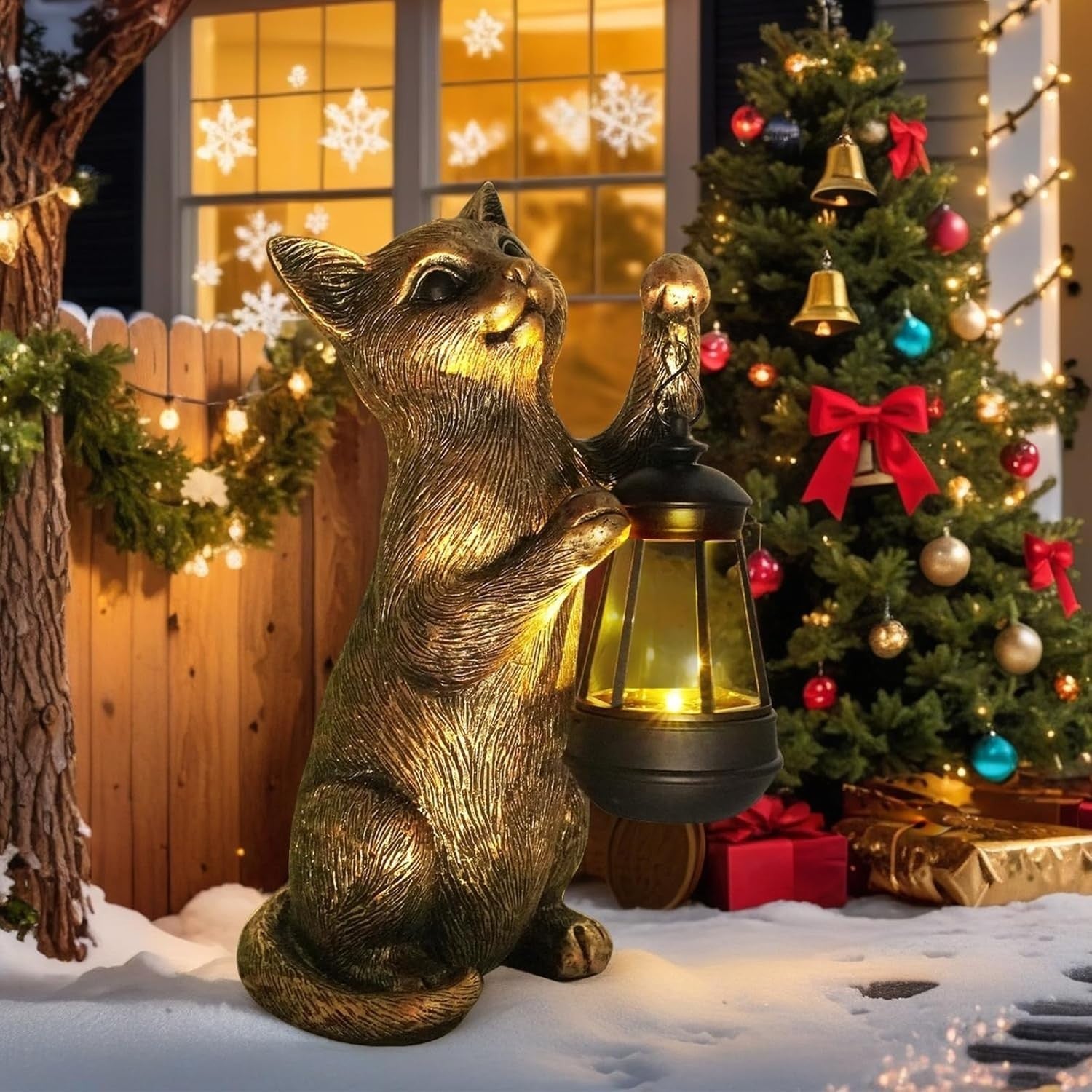 Solar Cat Garden Statue with Lantern Outdoor Resin Ornament LED Yard Decor