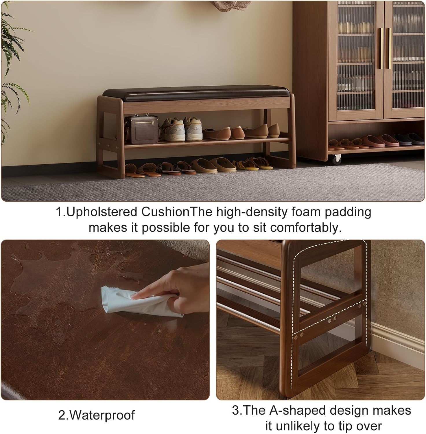 Small Flip-Top Shoe Bench with Cushion | 2-Tier Walnut Shoe Rack for Entryway