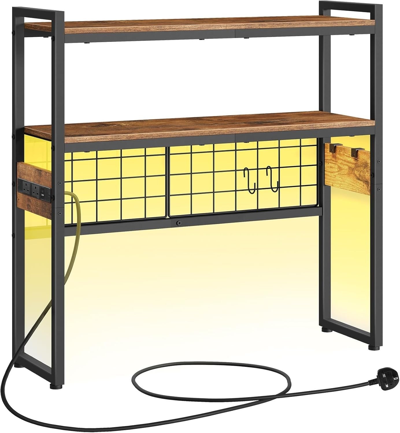 2-Tier Rustic Brown Desk Organizer with LED Lights & Charging Station