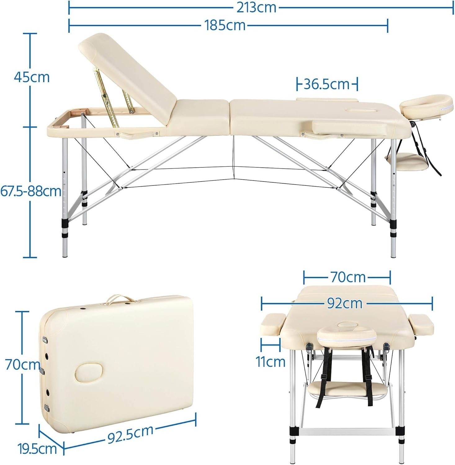 70cm 3-Section Portable Massage Table | Foldable Cream Lash Beauty Bed Aluminium