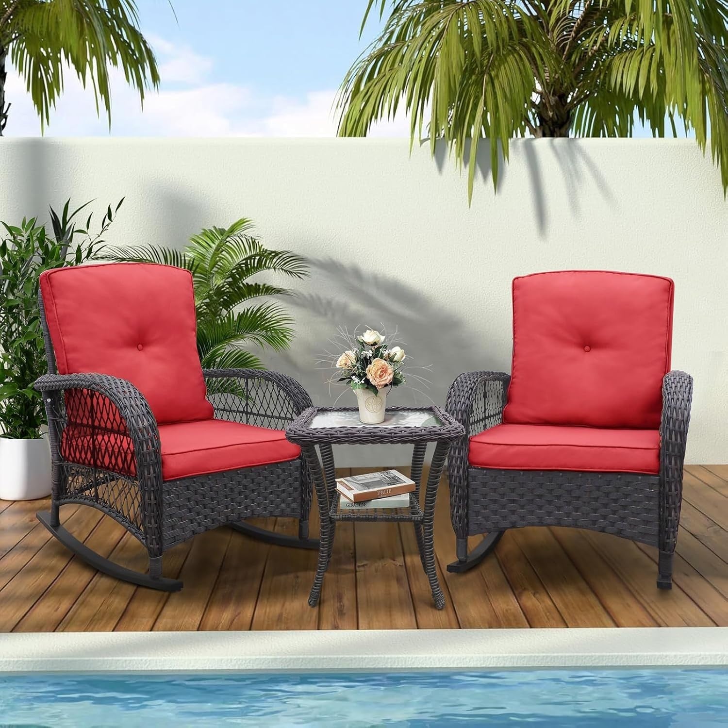 2 Seater Rocking Rattan Bistro Set Patio Chairs with Cushions Glass Table