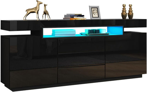 Modern Black High Gloss Sideboard Cabinet LED Light Drawers Storage Unit