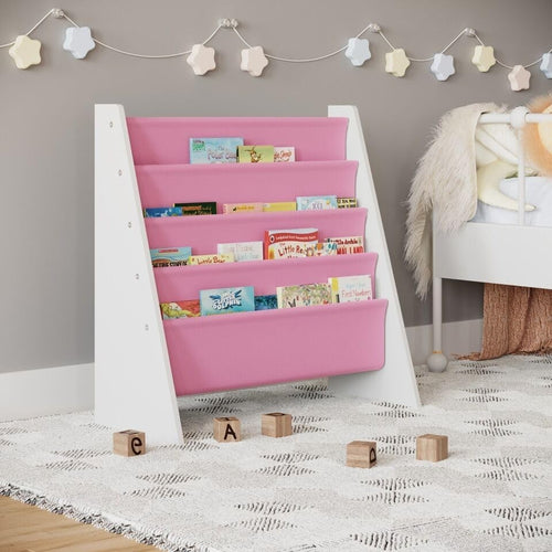Kids 4 Tier Sling Bookshelf MDF & Fabric Book Storage Rack Pink