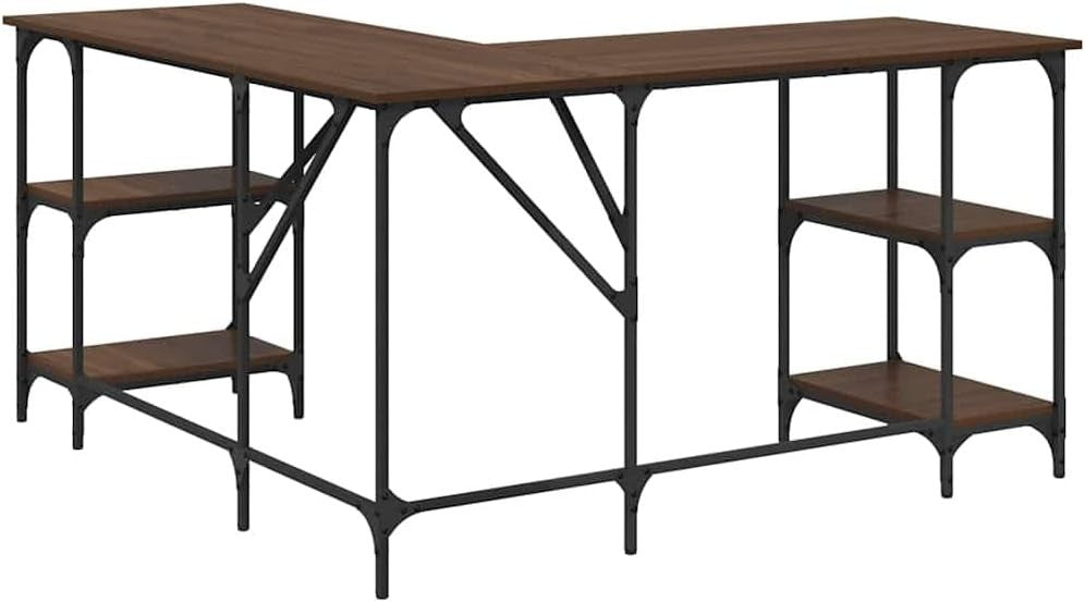 L-Shape Corner Desk with Shelves 139cm Brown Oak Home Office Computer Table