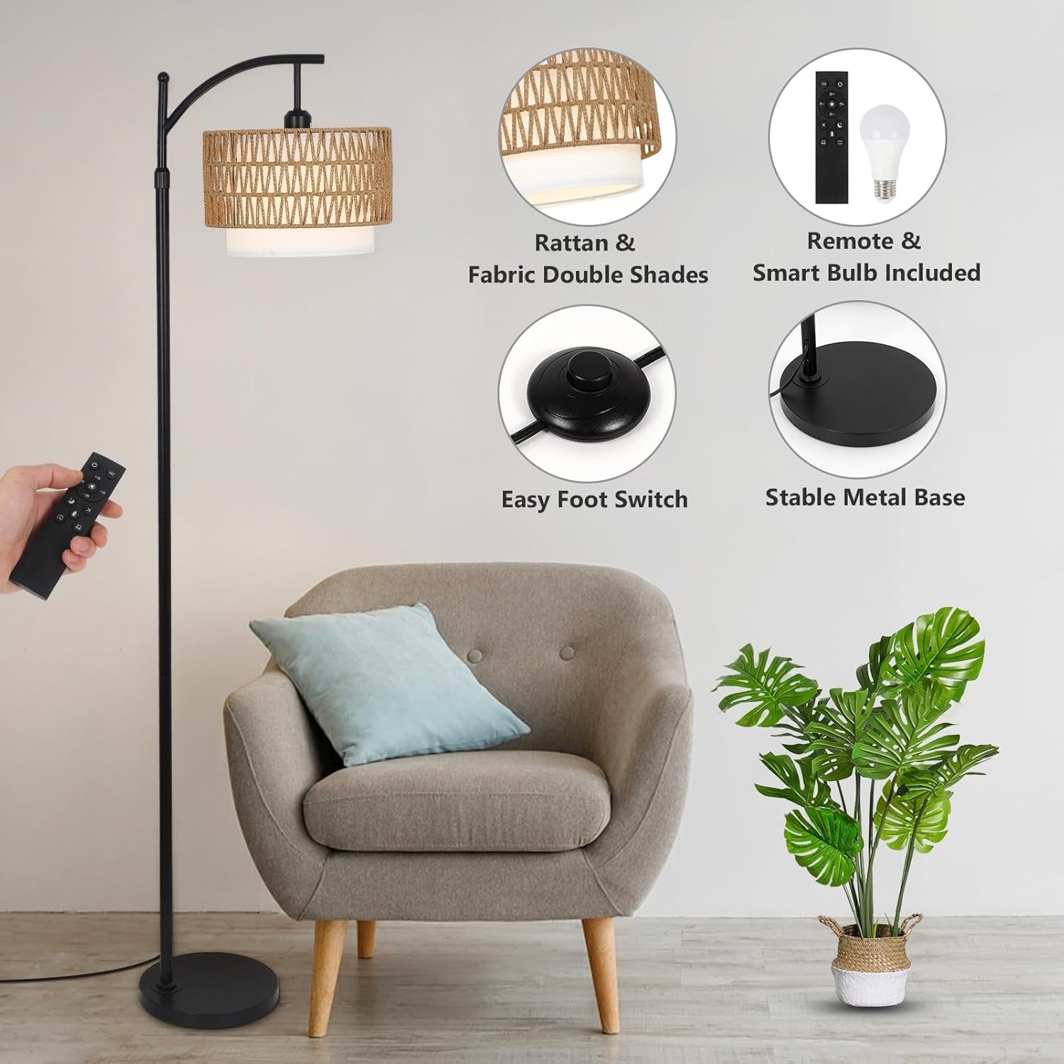 Arc Floor Lamp Remote Control Dimmable Boho Rattan Linen Shade Reading Light