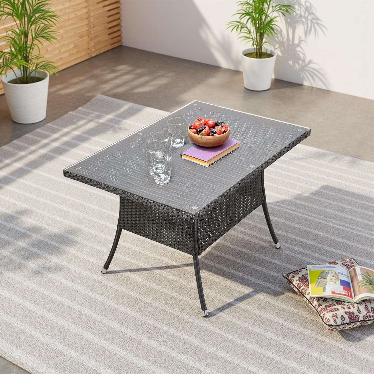 7pc Rattan Garden Dining Set w/ Cushions & 120cm Rectangular Table
