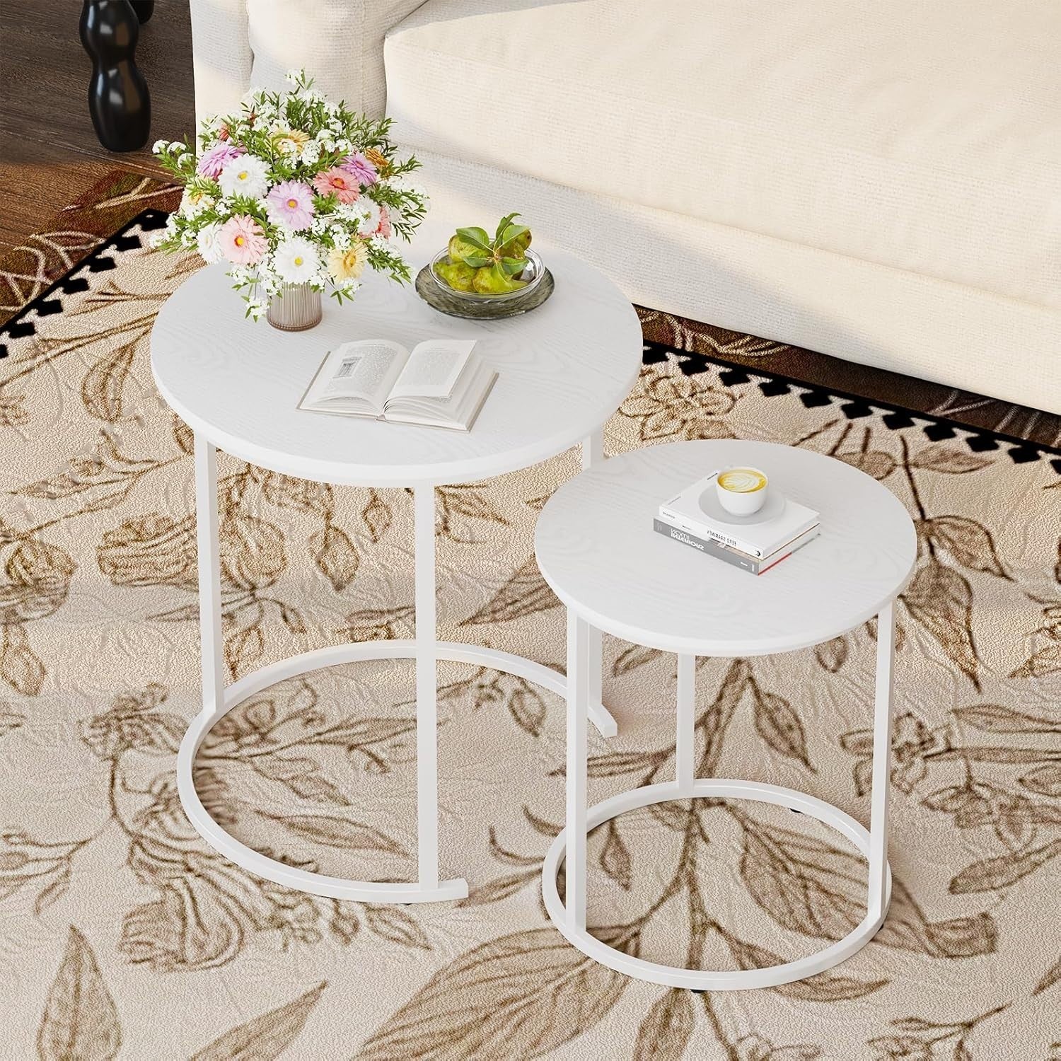 Nesting Coffee Tables Set of 2 Round White Marble Top Metal Frame Living Room