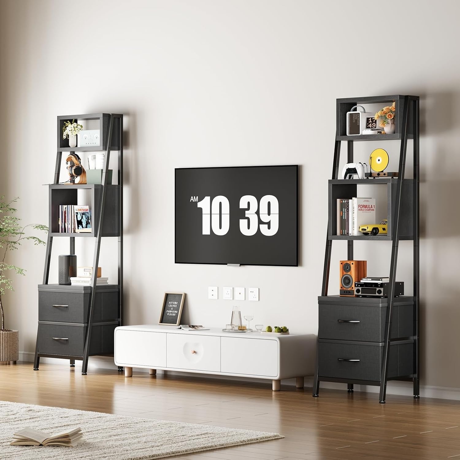 Narrow 5 Tier Bookcase with Drawers Tall Storage Shelf Unit Small Room Organiser