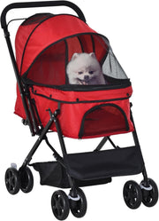 Red Foldable Dog Pushchair Reversible Handle Pet Stroller EVA Wheels