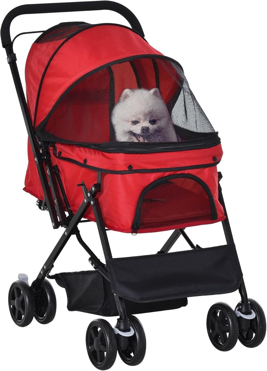 Red Foldable Dog Pushchair Reversible Handle Pet Stroller EVA Wheels