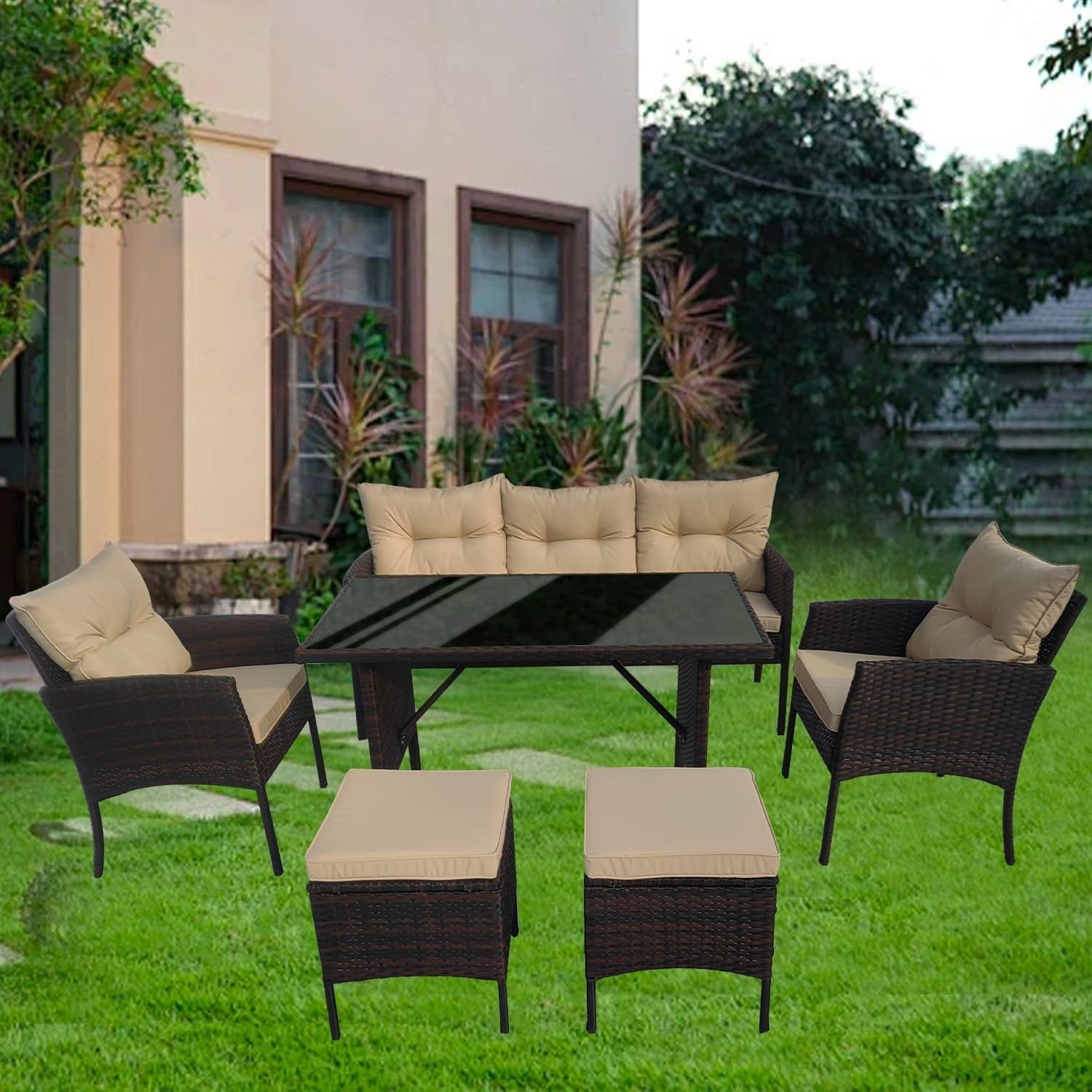 Brown Rattan Garden Furniture Set 6 Seater Cushioned Sofa Outdoor Patio