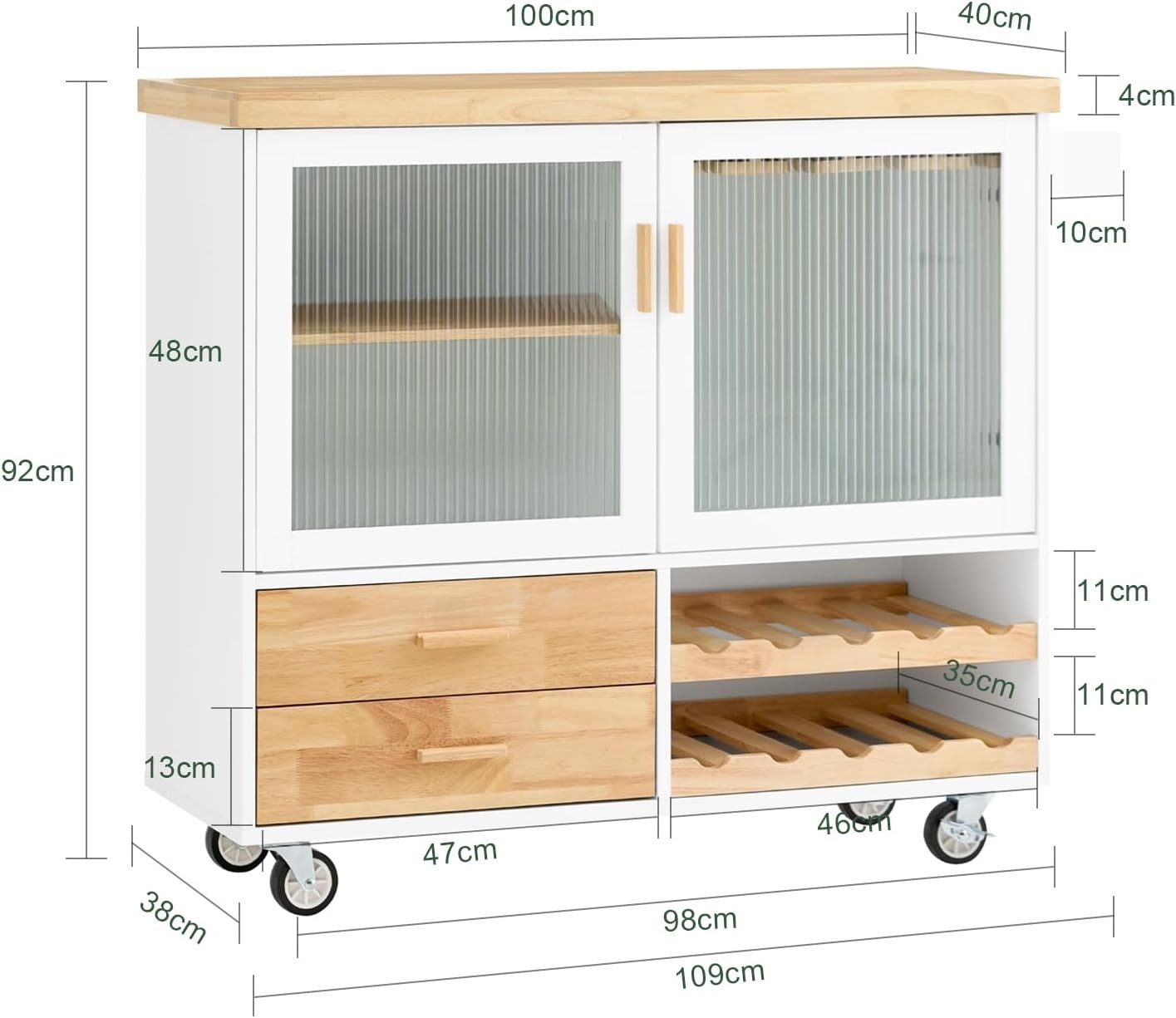 Mobile Kitchen Island Trolley with Glass Doors & Wine Rack White 109x40cm