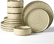 12 Piece Stoneware Dinner Set for 4 Reactive Glaze Plates Bowls Beige