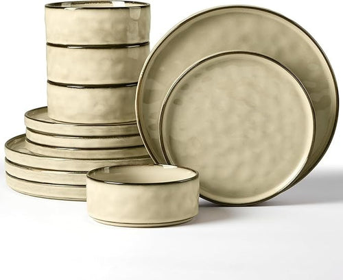12 Piece Stoneware Dinner Set for 4 Reactive Glaze Plates Bowls Beige